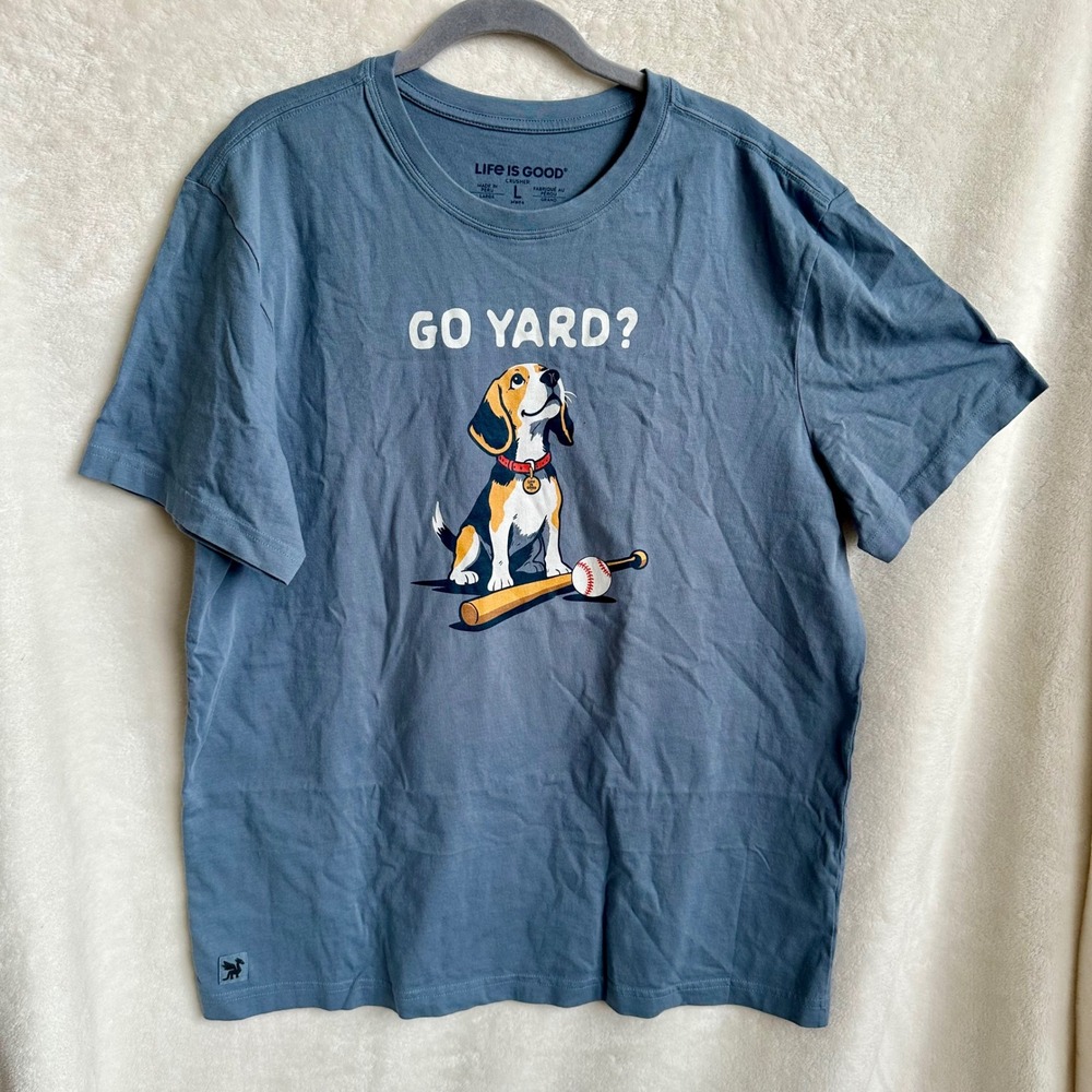 Life is Good Go Yard Beagle Baseball Crusher Tee Slate Blue Mens‎ L NWT